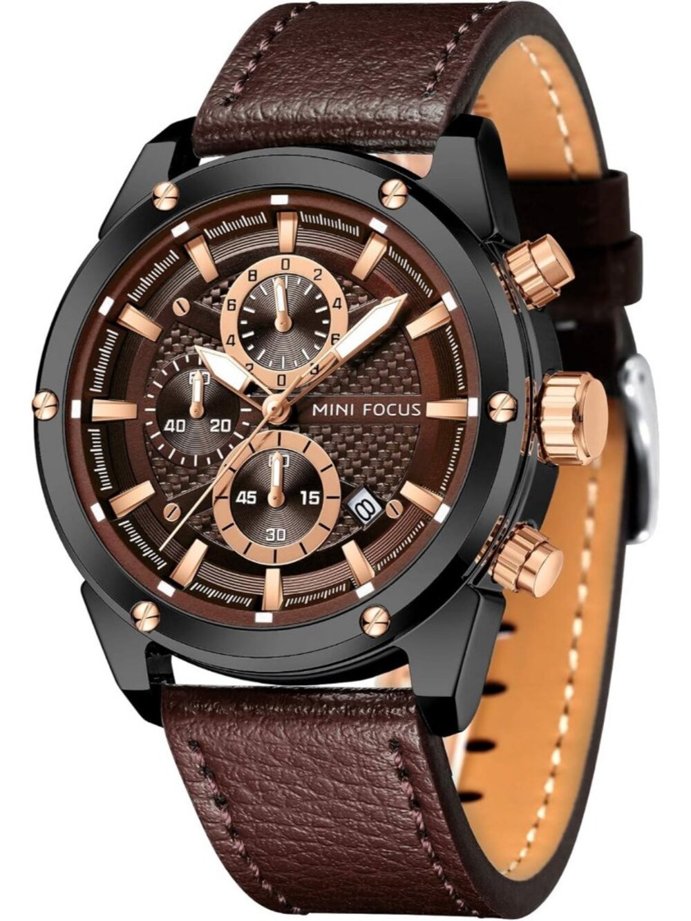 Men's Brown Leather Band Multifunction Waterproof Luminous Casual Wrist Watch